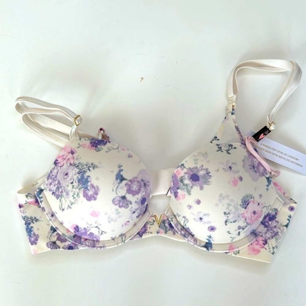Victoria’s Secret Love cloud, floral prints on cream push-up bra Sz 32 B